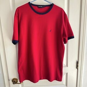 Nautica Tee Shirt Top Short Sleeves Crewneck Red with Navy Trim Size L